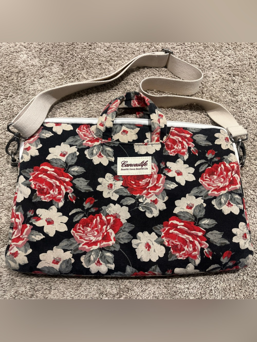 Canvas life  Floral Canvas Tote Bag - Red & Cream Roses on Black 10 by 15